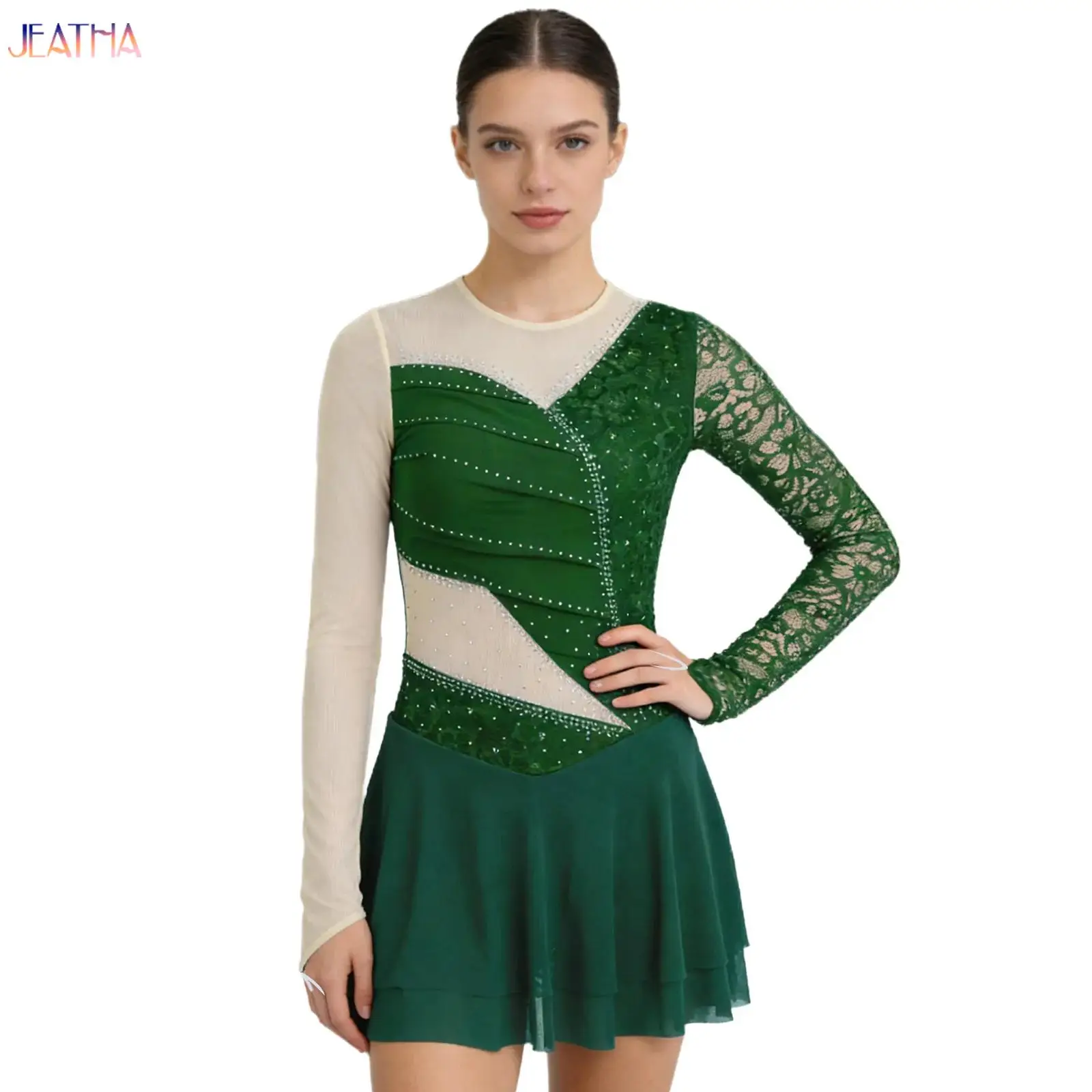 

Gymnastics Latin Dance Jersey for Womens Floral Lace Ballet Dance Leoatards Figure Ice Skating Dress Competition Dancewear
