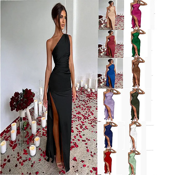 

Satin Bodycon Dress Summer Slit One Shoulder Ruched Sexy Dresses Evening Gown