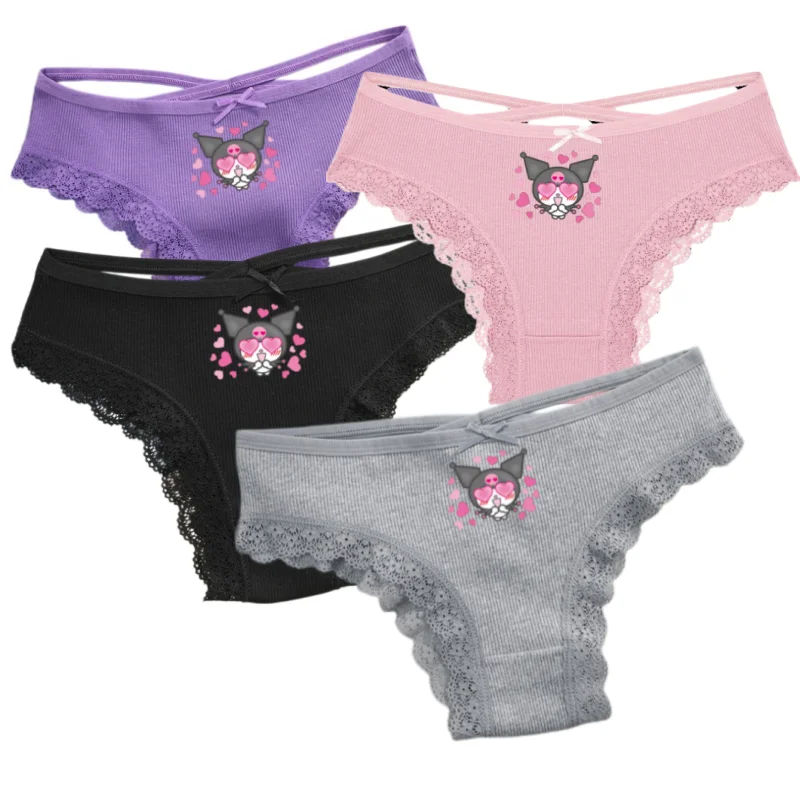 

Sanrio Cotton Panties Low Waist Sexy Lace Brazilian Briefs Female Cross Webbing Underpants Hollow Out Soft Breathable Lingerie