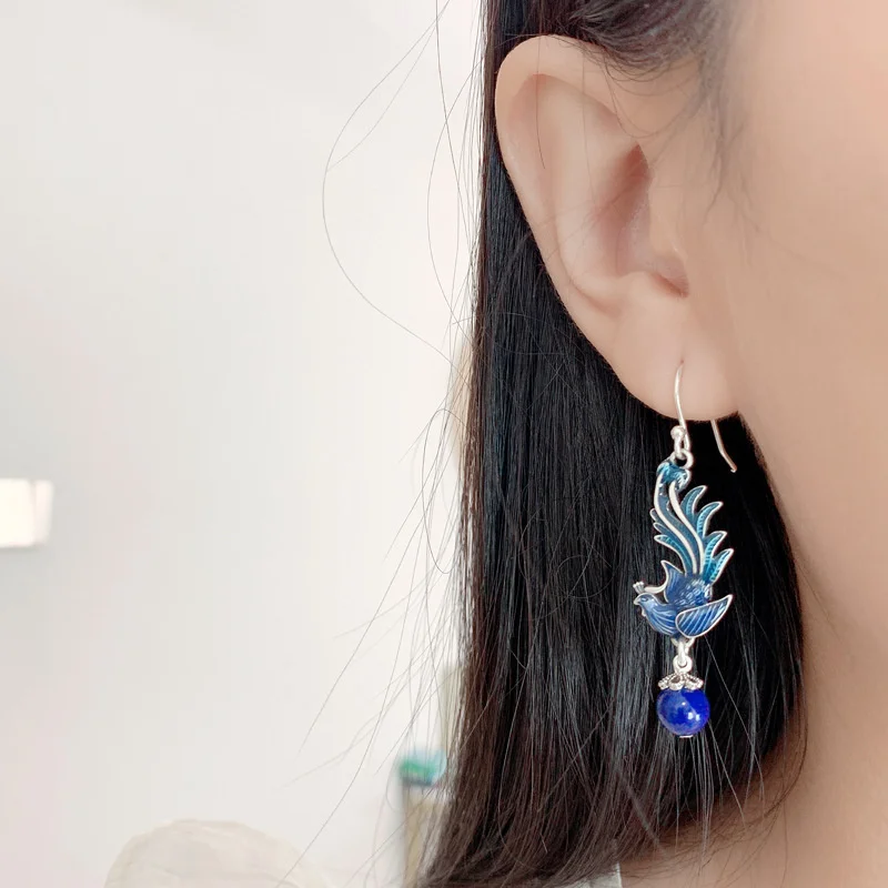 Trendy 925 Silver Hooks Earrings Women Jewelry Beautiful Blue Phoenix Tassel Earrings Burnt Blue Craft Vintage Ear Accessories