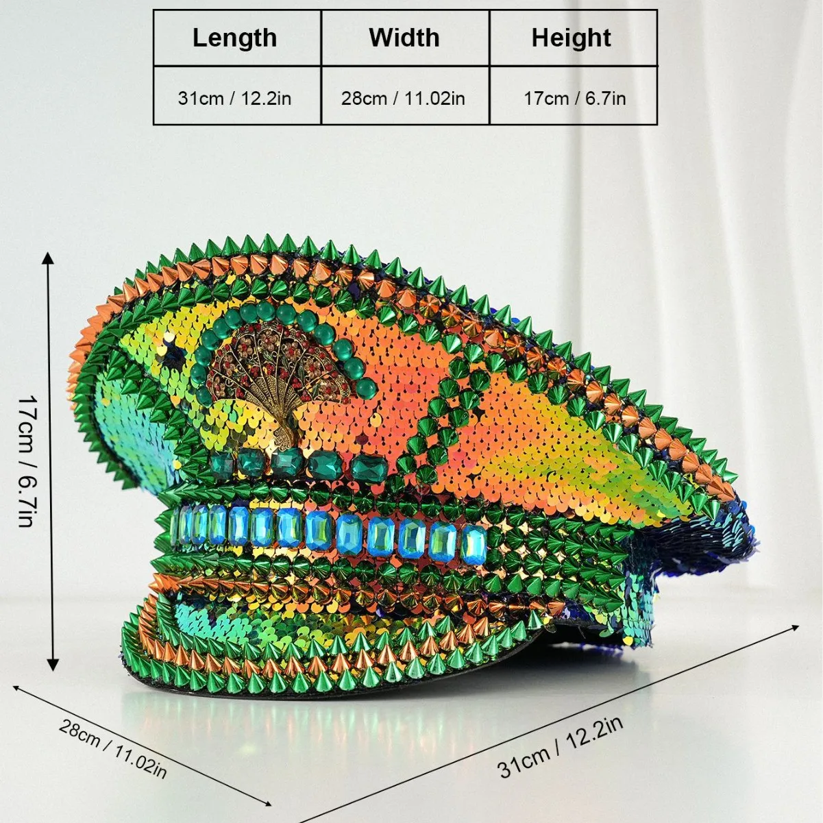 홍루안 옐로우 레이저 가죽 루프 캡틴 모자, 여성용 라인스톤 & 밀리터리 캡, 레이브 페스티벌 액세서리 & 파티 캡 남성용