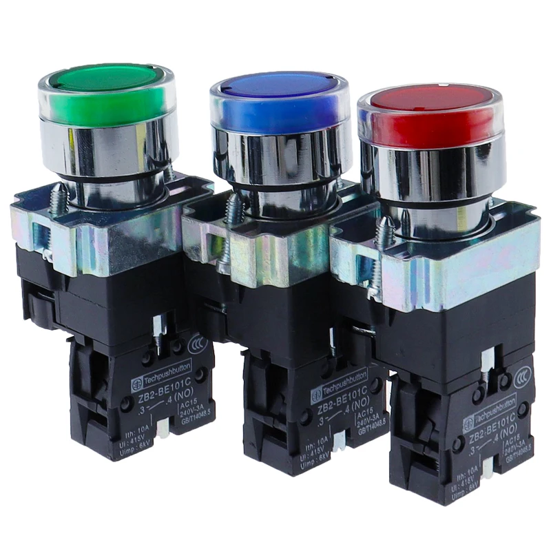 22mm Momentary XB2-BW3361 Round Push Button Switch with LED Light 1NO 24V/AC220V/AC380V Green,Red,Yellow,Blue ZB2-BE101C