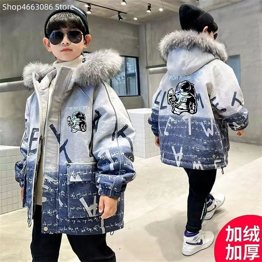 2023 Children Down 4 5 6 7 8 9 10 12 14 Years Winter kids Outerwear Boys Casual Warm Hooded Jacket for Boys letter print Coats