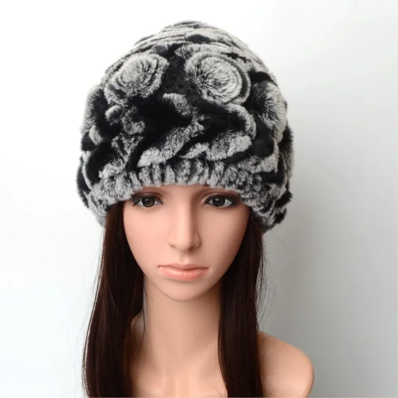 Women's warm and thick woolen hat real fur woven rose flower