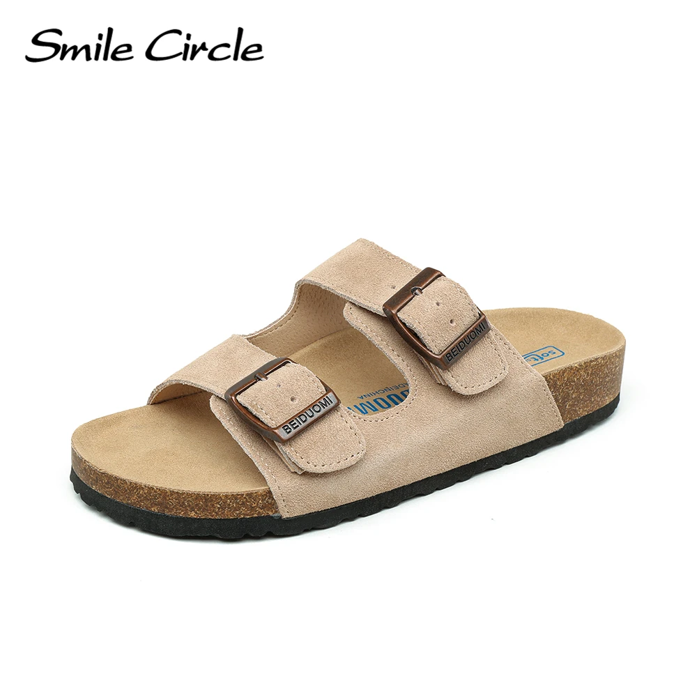 

Smile Circle Suede Leather Slippers Women's Summer Soft Cork Buckle Flip Flops Beach Casual Shoes For Women