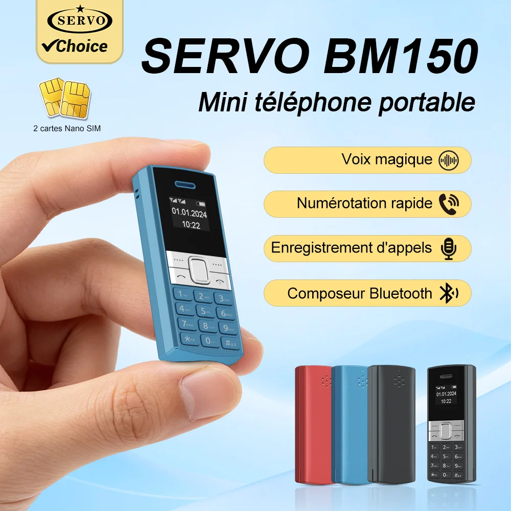 SERVO BM150 Super Mini Téléphone Portable Double SIM Bluetooth Appel Vocal Magique Enregistrement d'Appels Numérotation Rapide 2G GSM Petit Téléphone de Poche