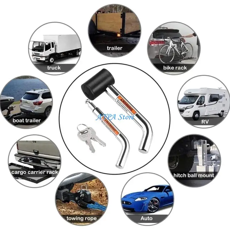 U13C Heavy Duty 5/8 And 1/2 Inch Trailer Hitch Receiver Lock With 360 Degree Rotating Lock Head For Trucks Motorhome Campers