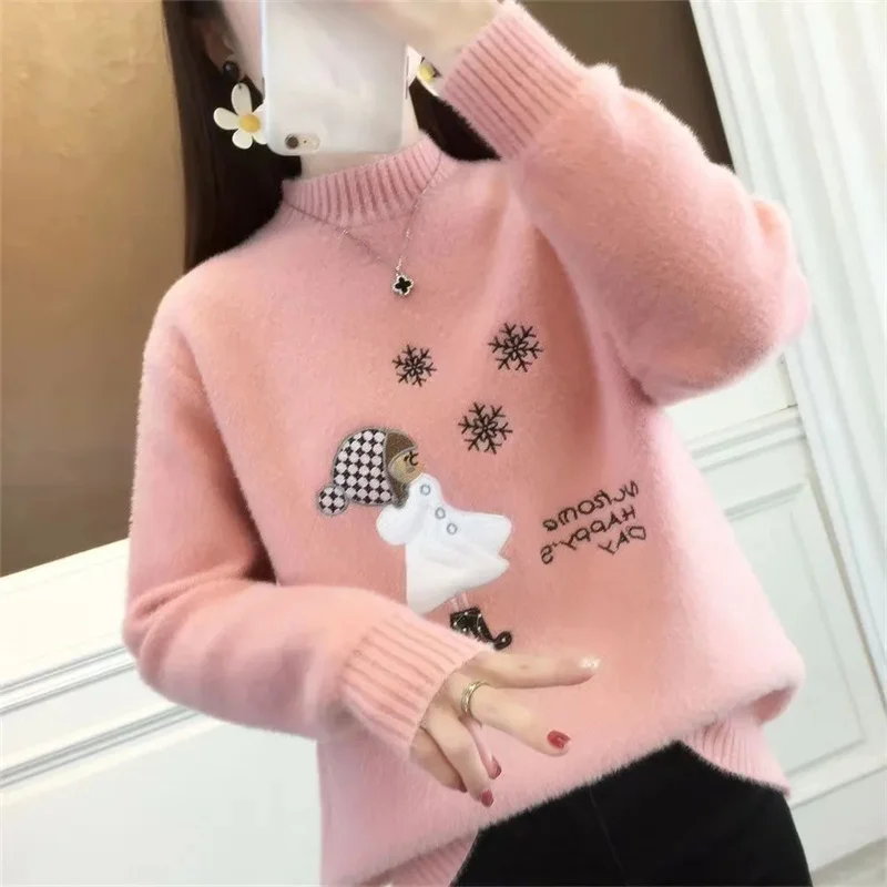 

Knitwear Coat Ladies Mink Velvet Sweater Women Jacket 2024Autumn Winter New Pullover Female Half-High Collar Bottoming Shirt Top