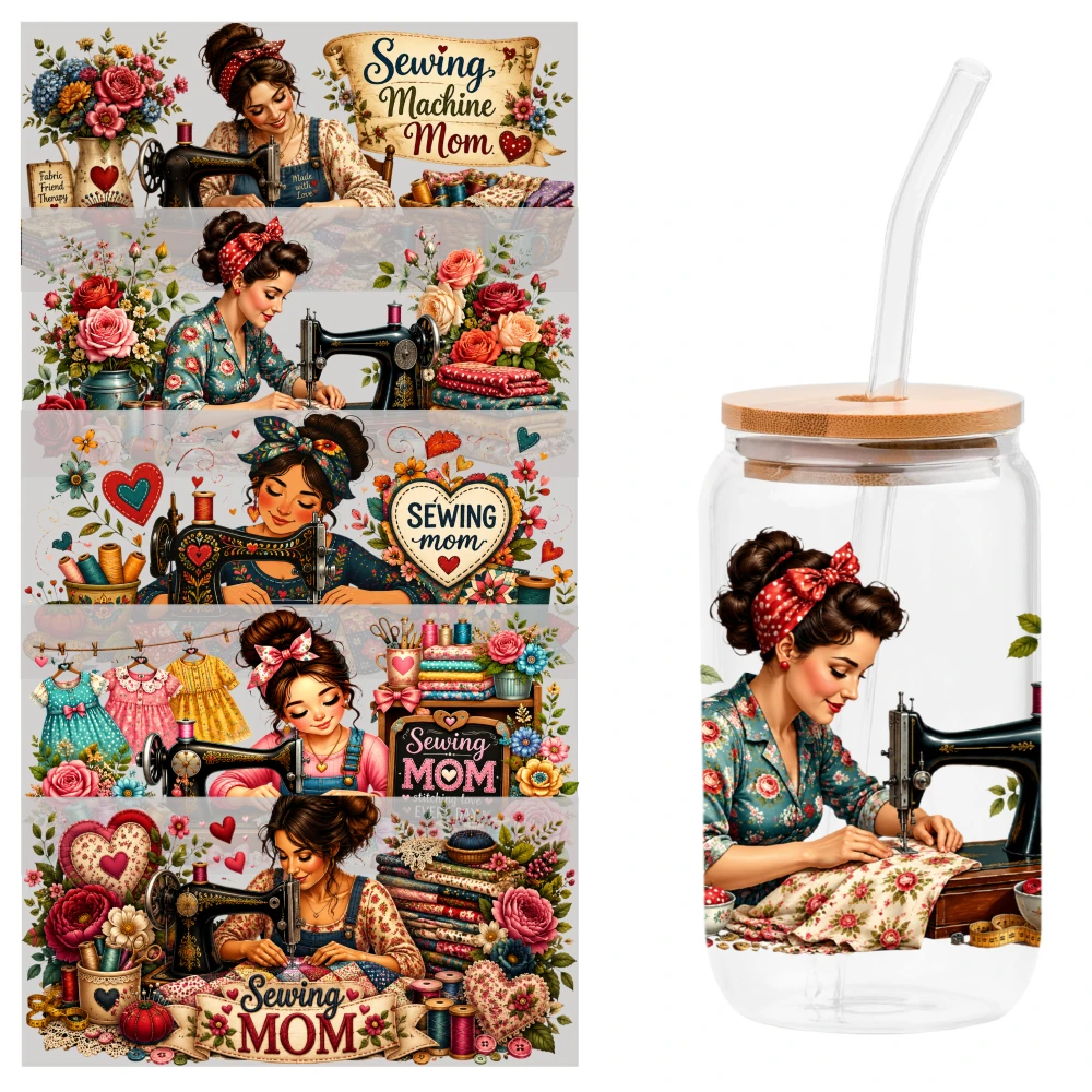 5 Sheets Sewing Mom Pattern UV DTF Stickers for 16 oz Tumbler Cups Decoration Waterproof Rub on Transfers
