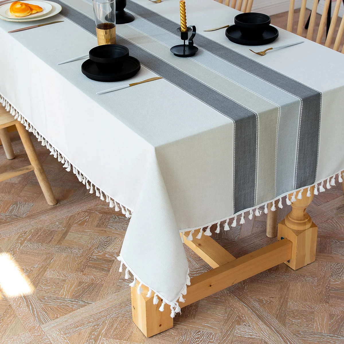 Tablecloths, Stitching Tassel Table Cloth, Cotton Linens Wrinkle Free Table Cover Decoration for Kitchen Dinning Party