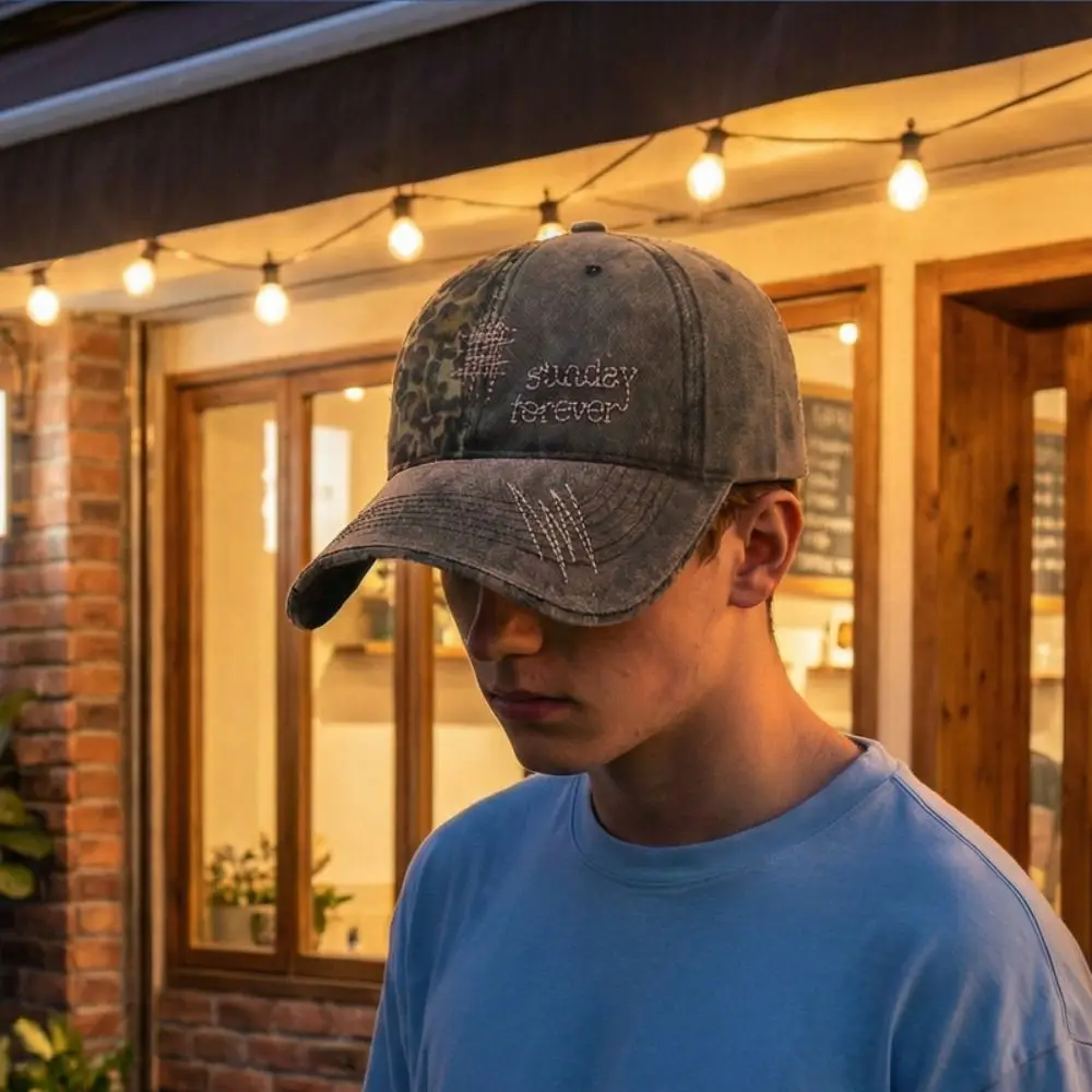 Sunday Foreve Embroidered Leopard Patchwork Baseball Cap Washed Cotton Distressed Peaked Cap Adjustable Hip Hop Sun Hat