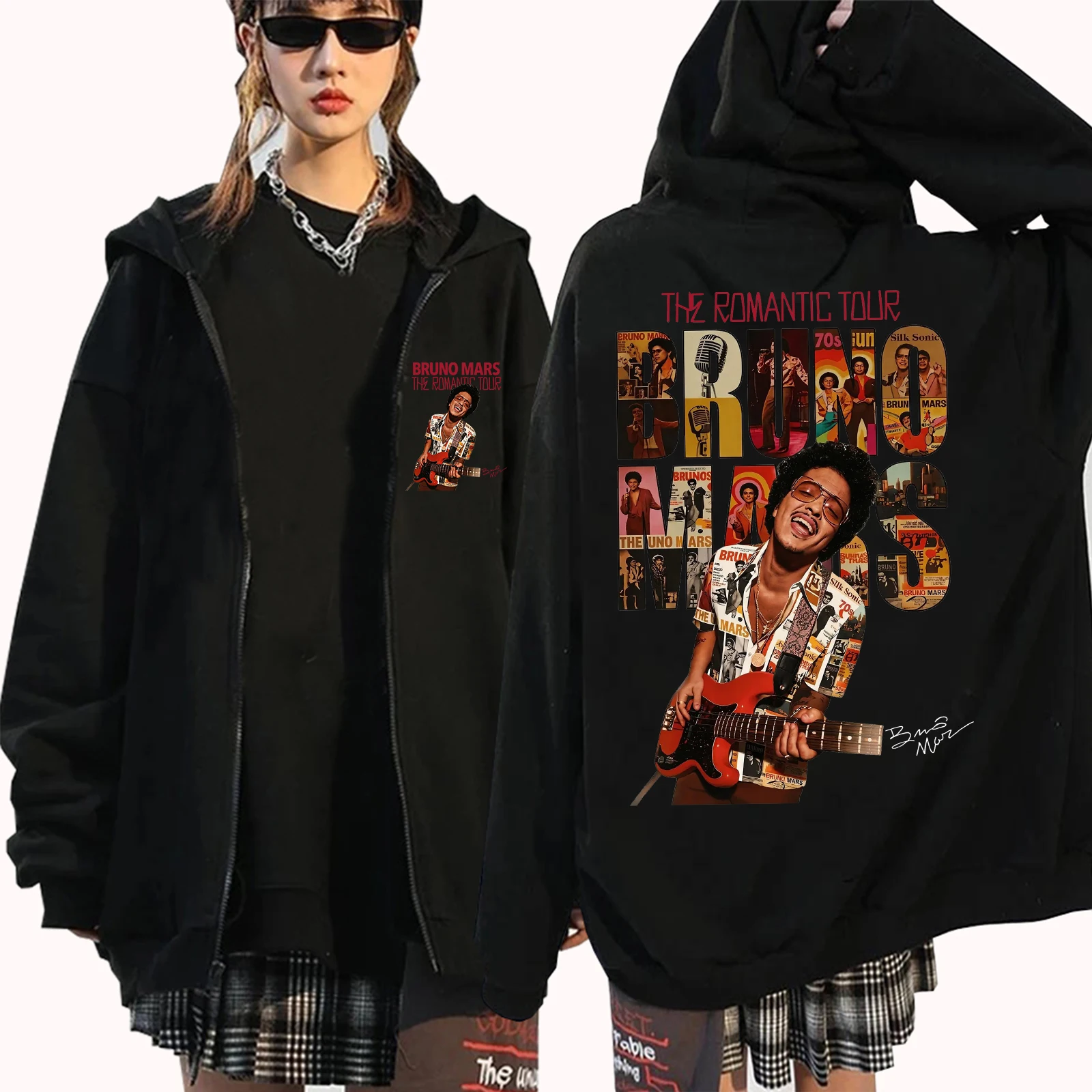 Bruno Mars The Romantic Tour 2026 Moletom com capuz com zíper masculino e feminino, oversized, casual, streetwear, hip hop, jaqueta com capuz e zíper