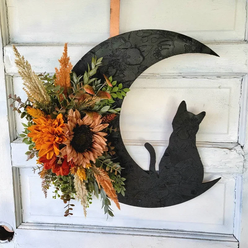 Halloween Moon Cat Flower Ring Door Hanging Decoration Festival Dead Branch Little Cat Vine Ring Atmosphere Decoration