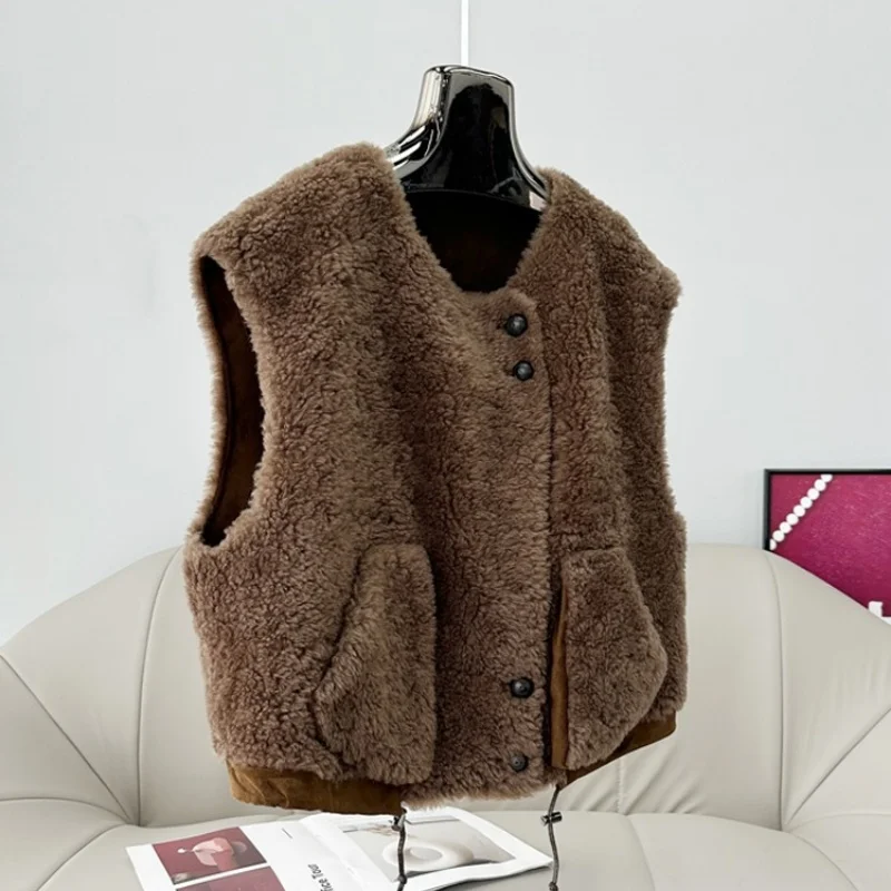 2025 Herbst/Winter Neuankömmling Lammfell-Manteljacke Damen Loose-Fit Wolle Stilvolle Weste PT508