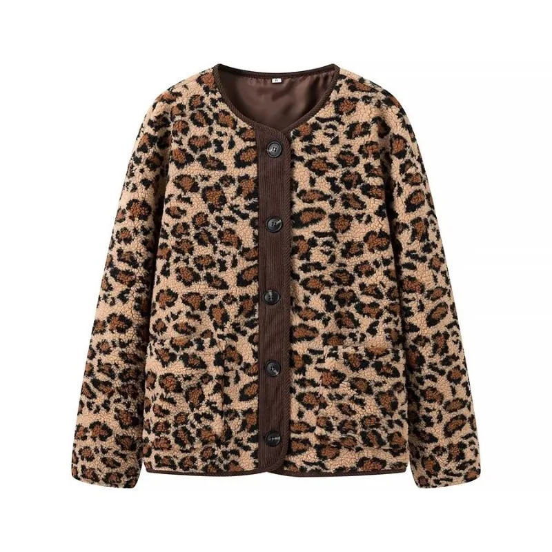 Women Street Lamb Wool Animal Print Jacket Autumn Winter New Fashion Leopard Print Casual Loose Long Sleeve Coat Women Clothing