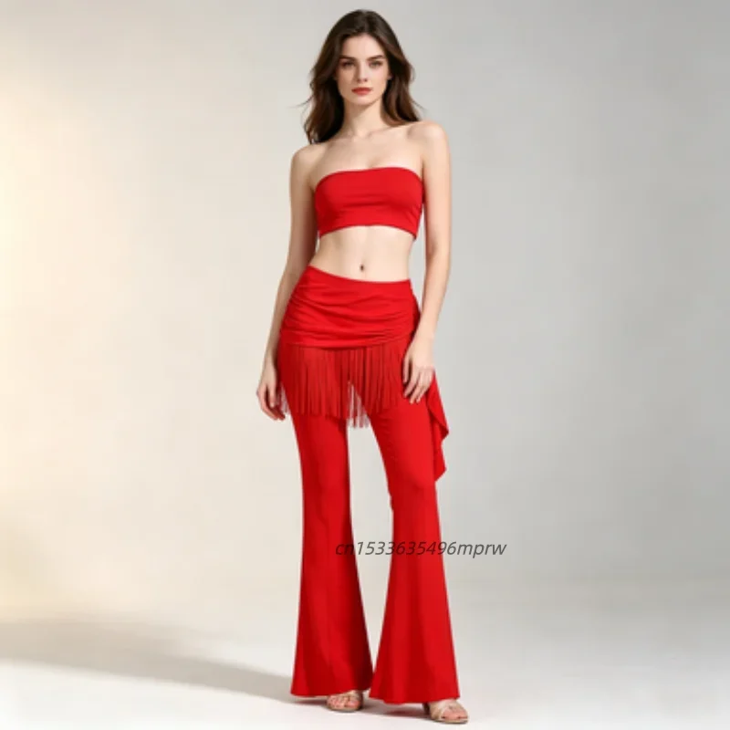 Women's plus Size Red Latin Dance Skirt Pants with Micro Flared Fringe Three-Step Square Dance Practice And Performance Wear