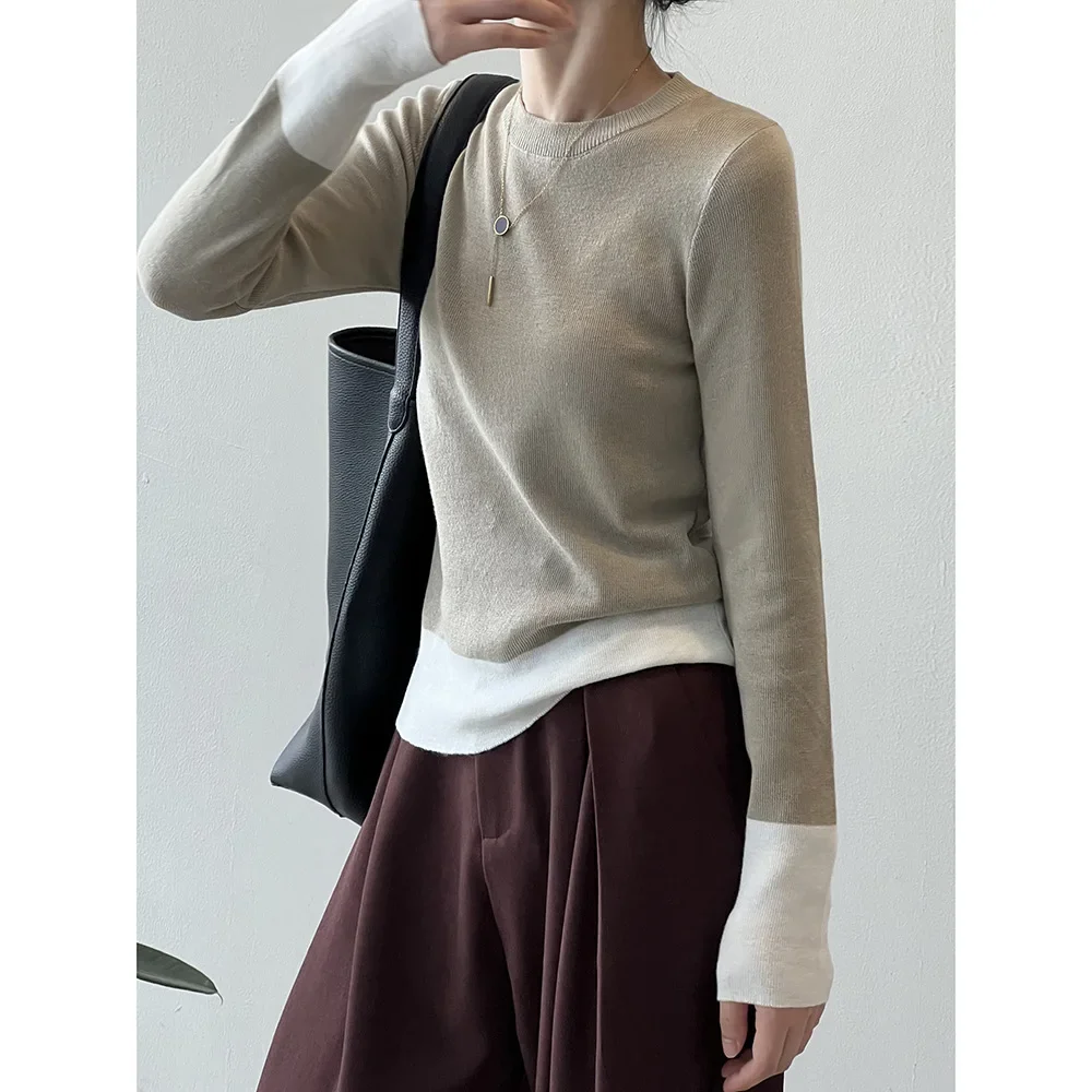 Women Clothes Design Sense Slim Long Sleeve Knitted T-shirt 2024 Autumn New Color Contrast Base Shirt Simple Casual Top