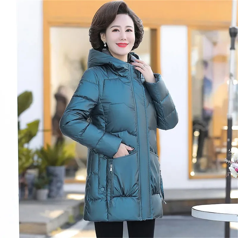 

2022 New Women's Winter Parkas Thick Cotton Coats Mid-Length Mothers Down Cotton coats Hooded Warm Parka Female Outwear Glossy