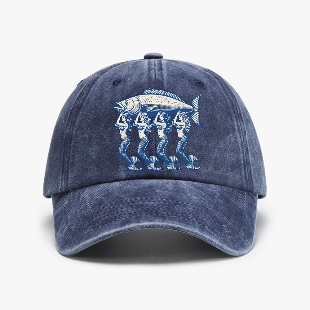 Marine Animal Mermaid Print Baseball Cap Beach Retro Distressed Washed cowboy Hat Adjustable women Soft Top hats For Men