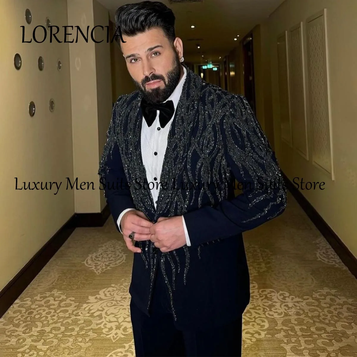 Luxury Pearl Beaded Men Suits Shawl Lapel Wedding Groom Tuxedos 2 Pieces Sets Business Male Prom Blazers Slim Fit Costume Homme