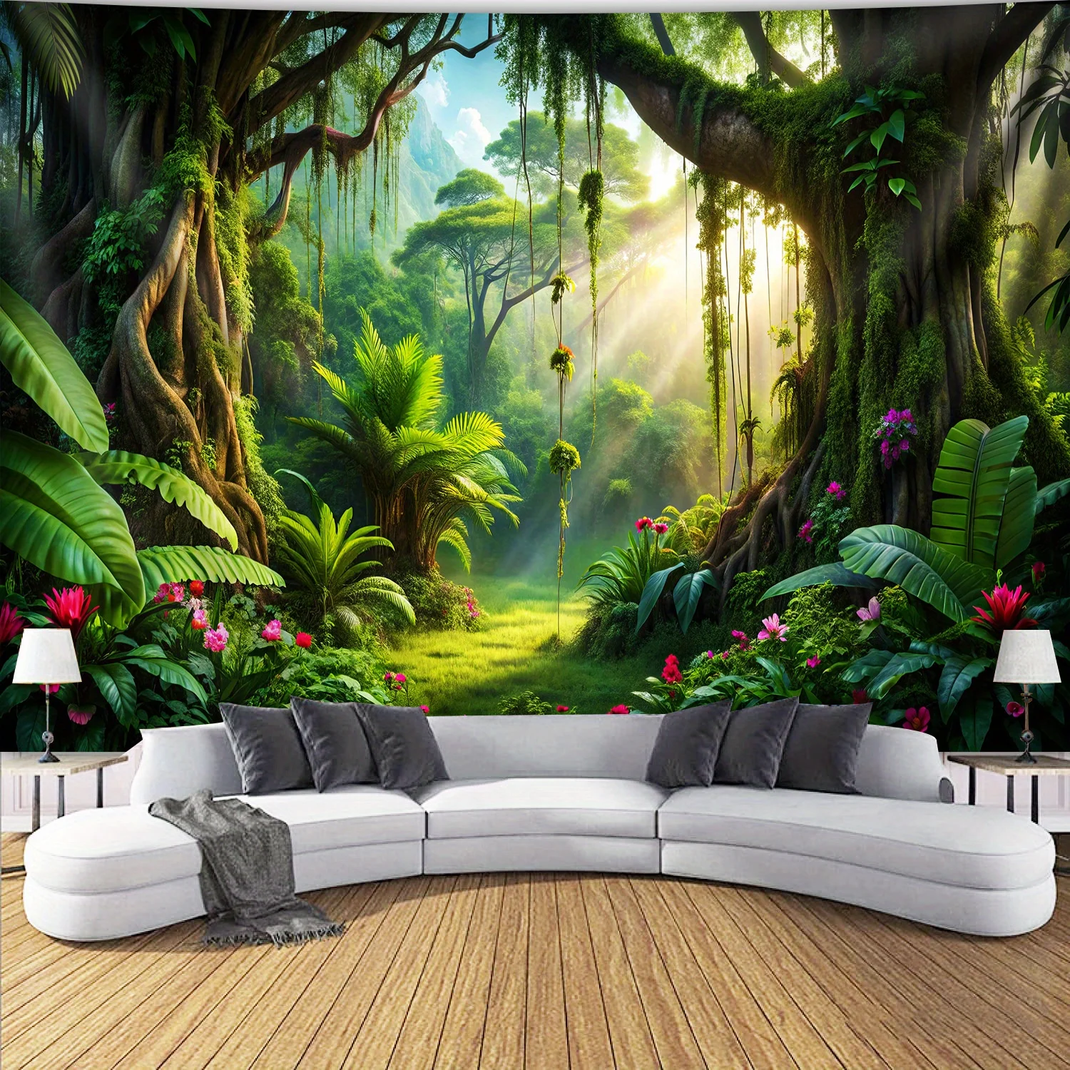 Lush Jungle Forest Sunlight Tapestry NatureScenery Wall DecorTropical Plants Greenery Indoor GardenAmbiance Relaxing Environment
