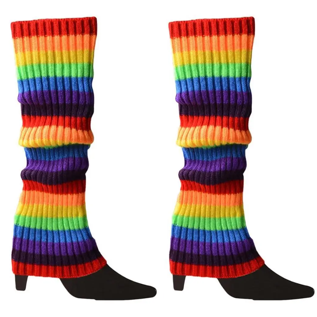 41cm Women Halloween 80s Neon Colored Knit Leg Warmers Ribbed Bright Footless Sock Punk Knee High Gothic Rock Sock Party Costume