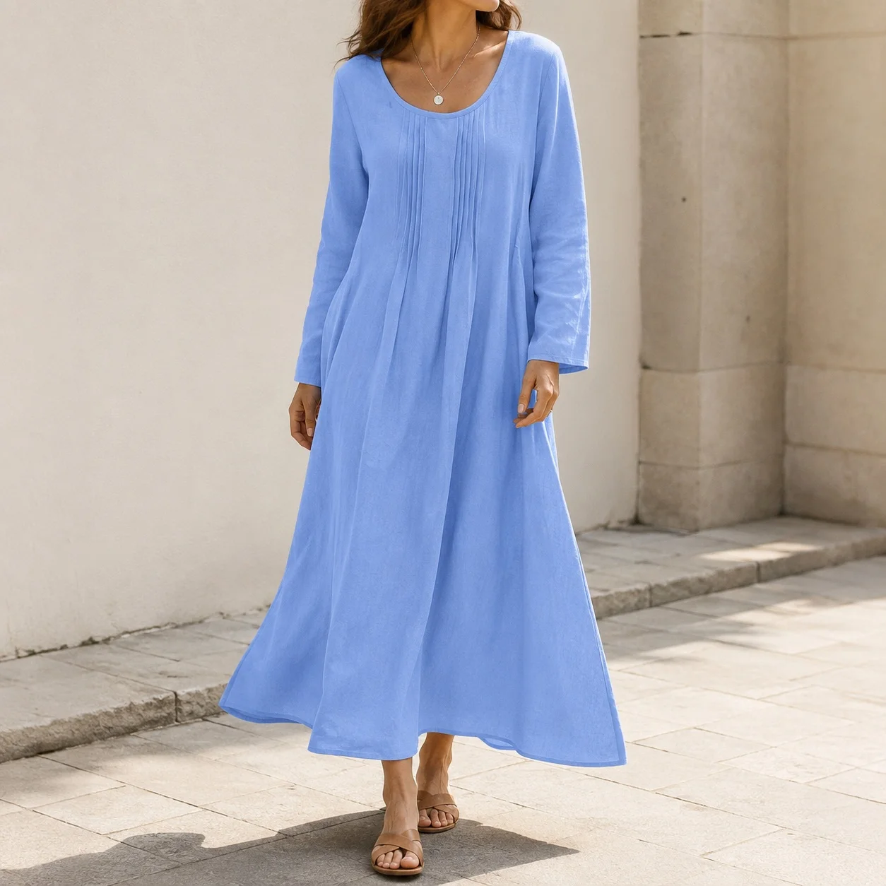 Pocket Dress Long Sleeve Elegant with Autumn Pull on Mid Waist Round Neck a Line Elegant and Refined Loose Fit Dresses for Women