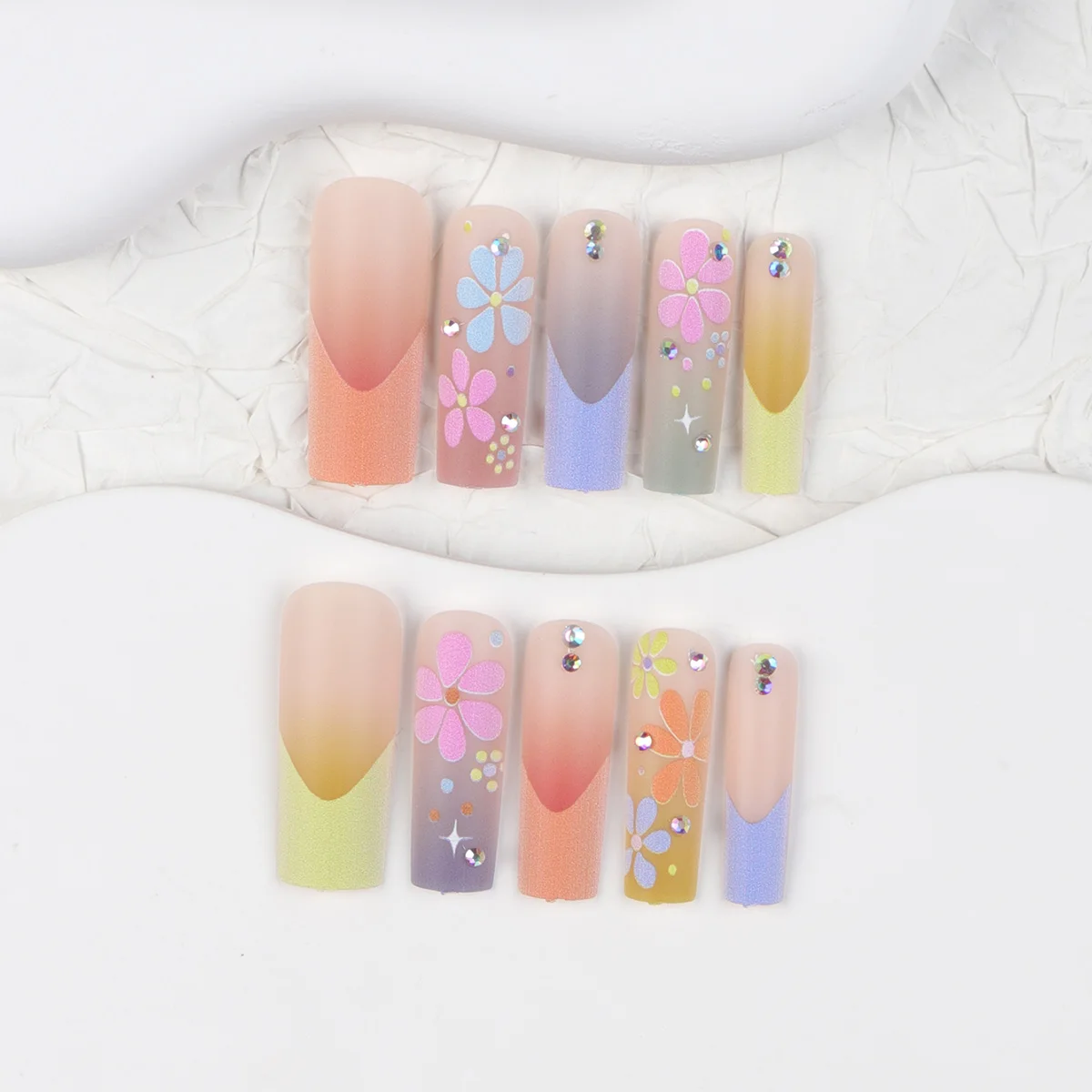 24-Piece Coffin-Shaped ABS Fake Nails Multicolored French Multicolored Flowers Cute Sweet Sparkling Diamonds Dot Pressed Finger