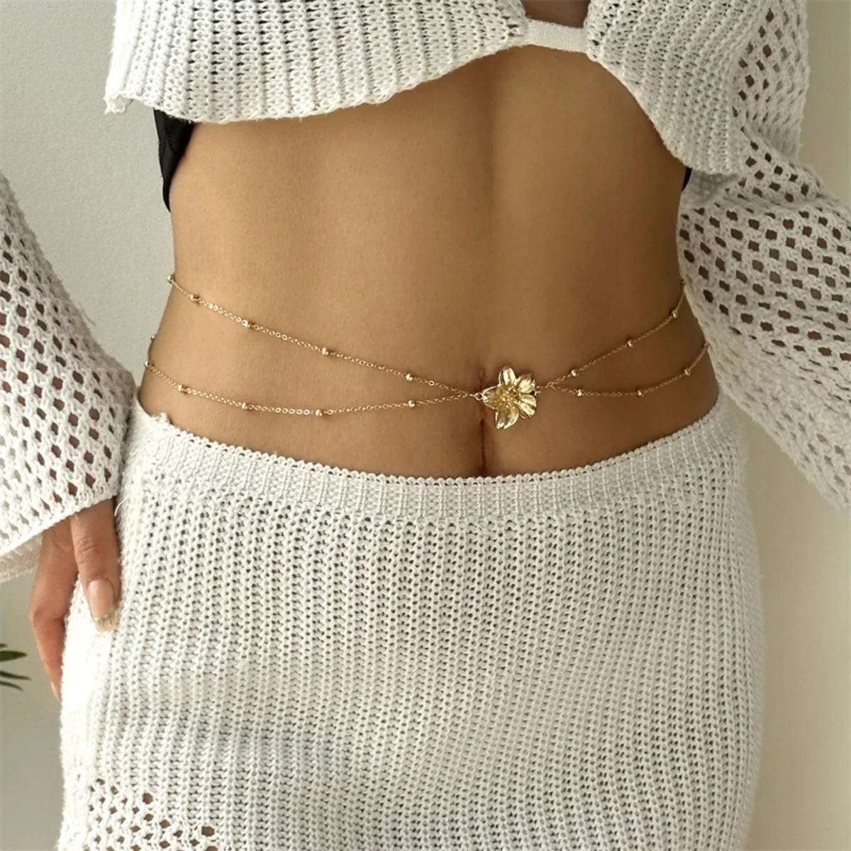 Doppellagige Perlenkette mit Metallblumen-Taillenkette für Damen und Herren, Bohemian-Trend, Schmetterlings- und Blumenmuster, Bauchkette, Körperschmuck – Detail 13