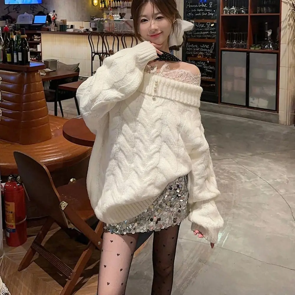 

Lace Long Sleeved Knitwear Loose Bottoming Shirt Off Shoulder Sweater Top Pullover Spring Autumn Winter Knitted Top for Women