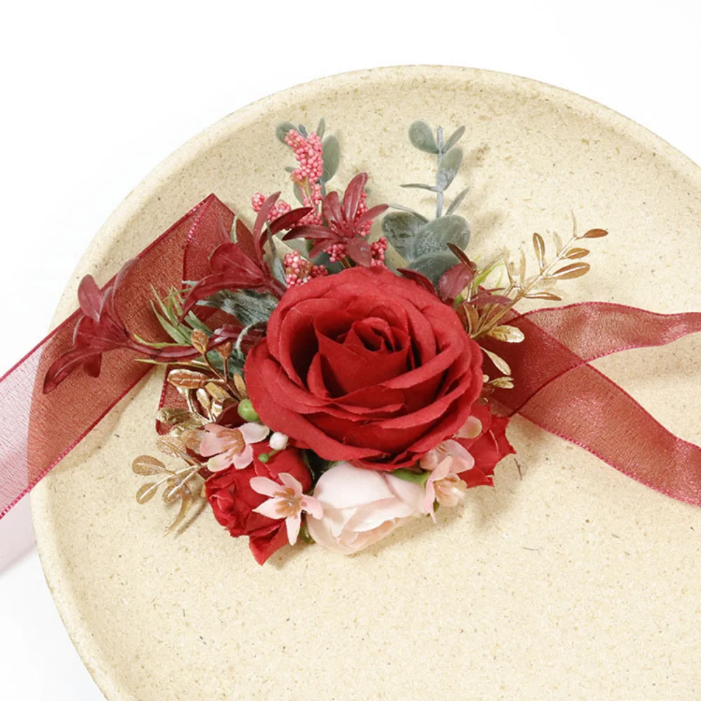 Women's Silk Rose Wedding Boutonnieres for Men Pins Red Flowers Buttonhole Corsage Wrist Wedding Accessories temoin mariage