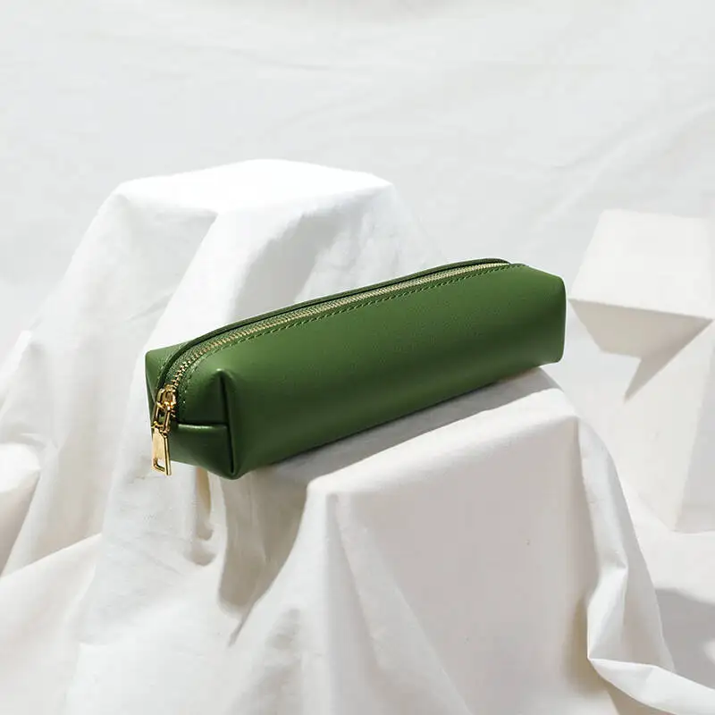 Large-capacity pencil case, solid color leather, stain-resistant, for pens, stationery, and makeup brush storage