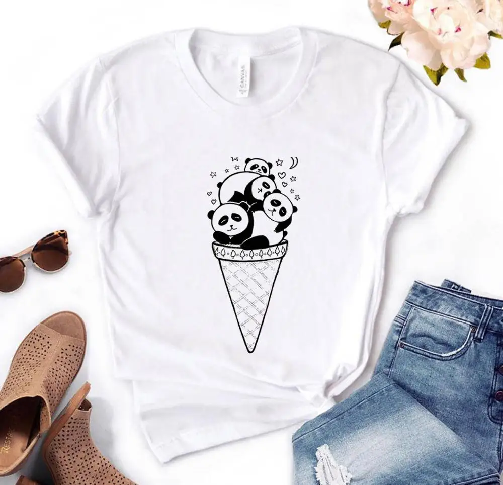 

Cute Casual Funny T Shirt Gift for Lady Yong Girl Top Tee Panda Ice Cream Summer Print Women Tshirt