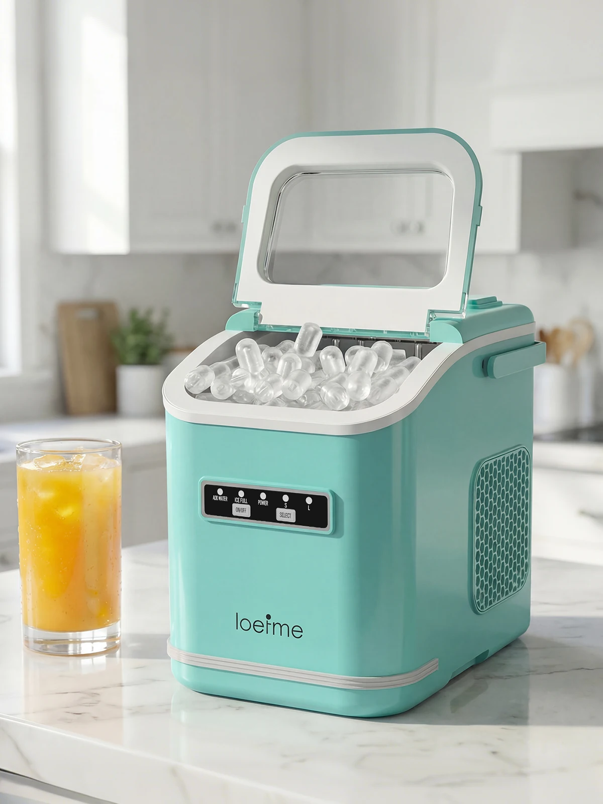LOEFME 1,4L Eiswürfelbereiter 12kg/24h Tragbarer Eiswürfelbereiter 6 Minuten 9 Eiswürfel Selbstreinigend mit Schaufel für Zuhause, Cafés, Camping, Partys, Wohnmobile