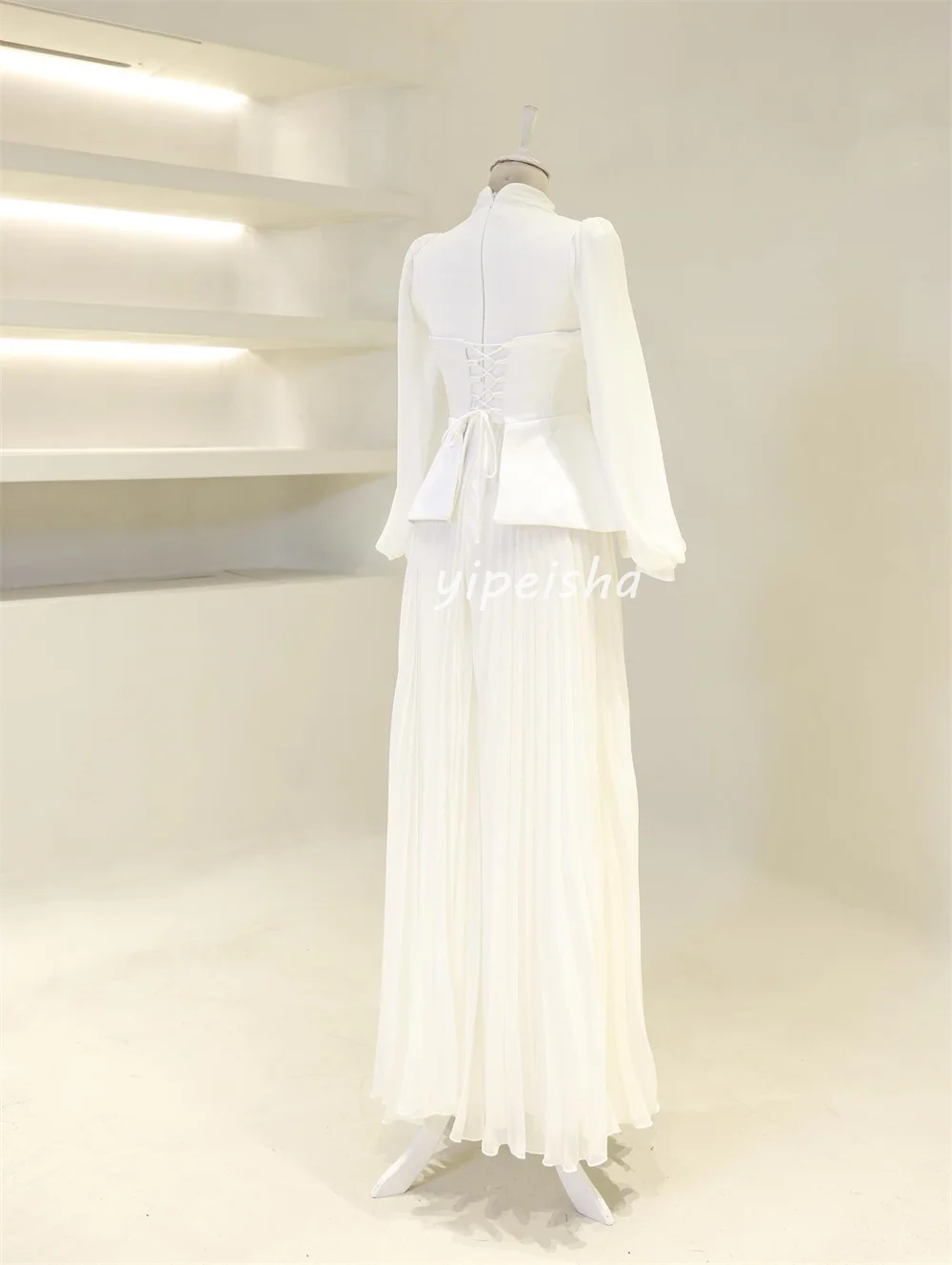 Customized High Quality Exquisite Chiffon Rhinestone Pleat Straight High Collar Long Dresses Bespoke Occasion Dresses Matching
