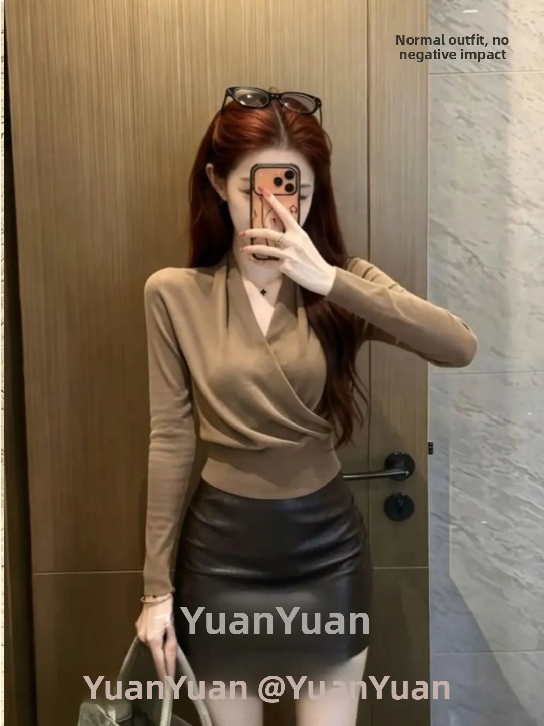 Elegant V-neck Cross Knitted Long Sleeve Slimming Base Shirt Women's Premium Feeling Top Casual Style Universal Fit Bodycon P...