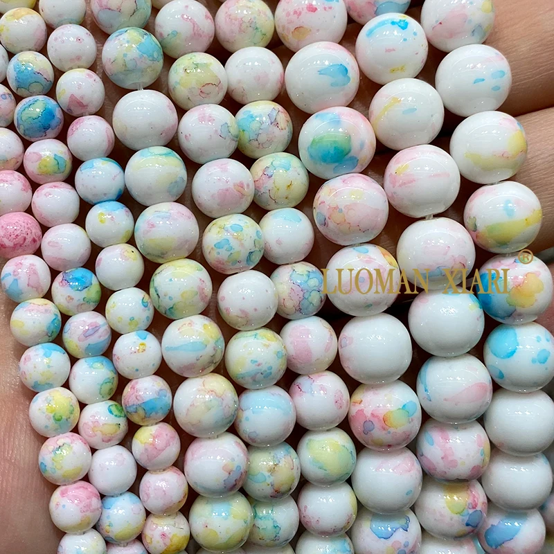 Natural Stone Roasted White Jades Pink Blue Loose Round Spacer Beads for Jewelry Making DIY Earrings Bracelet Charms Accessories