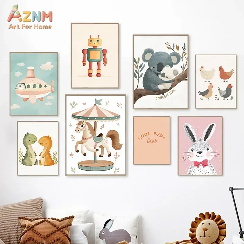 AZNM Cute Cartoon Animal Canvas Wall Art Koala Lion Dog Rabbit Retro Car Daisy Soft Neutral Kids Nursery Unframed Canvas Decor P