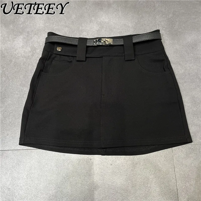 Pure Desire Spice Girl Sexy Hüftwickel mit Gürtel Kurzer Rock Frühling Sommer Einfarbig Schlankheits-Miniröcke für Frauen Faldas