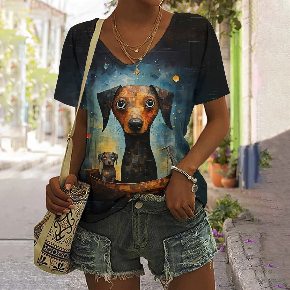 Summer Loose V-Neck T Shirts Clothing Women Oversized Short Sleeves T-Shirt Everyday Outdoor Clothing Woman Animals Print Tops