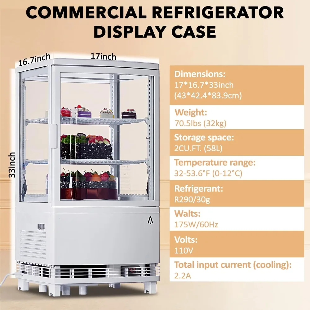 2 Cu.FT Pastry Display Case Two Glass Door Countertop/Floor Refrigerator with LED Lighting Refrigerator Display Case