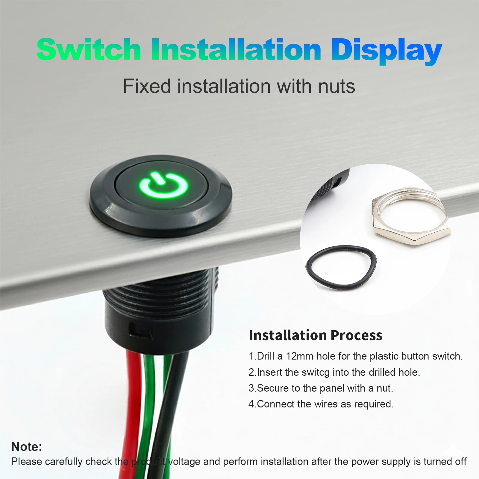 FILN 12mm vorverdrahteter Kunststoff-Drucktaster IP65 wasserdicht 12V 24V LED-Symbol Momentanschalter für Auto und Boot – Detail 2