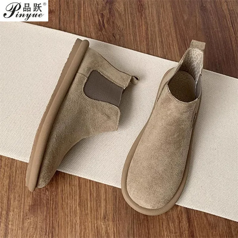 Women Genuine leather Flat boots Woman Trend Autumn Brand Designer Elegant Retro Casual Cozy Female shoes 35-40