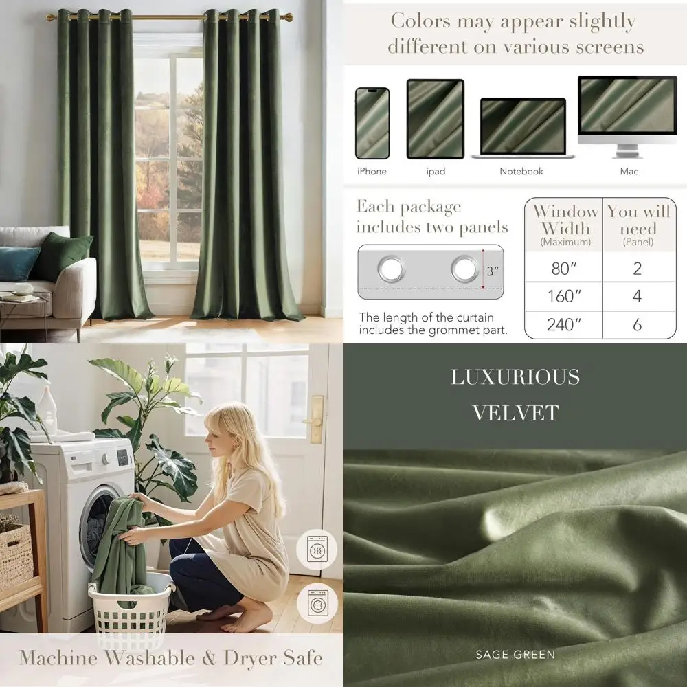 

Thermal Insulated Sage Green Velvet Curtains, 96 Long, 52 Wide, 2-Panel Set for Living Spaces