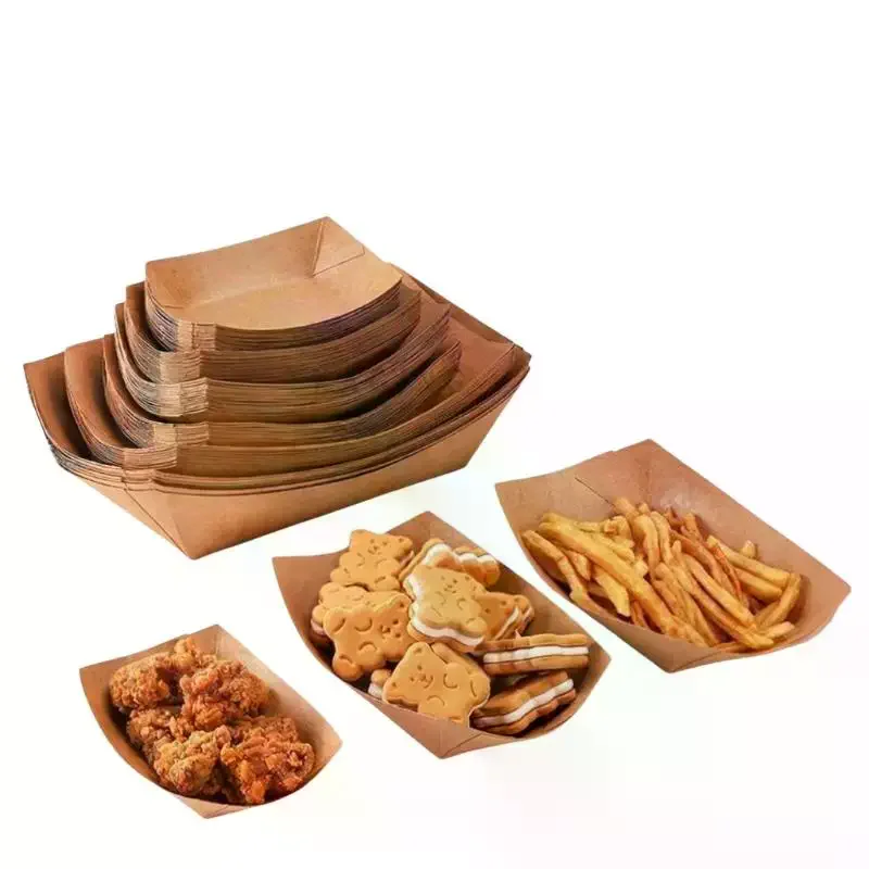 50Pcs Kraft Boat Tray Disposable Hotdog Boats Kraft PaperFood Packing Tray Snacks Disposable Kraft Paper Boat-Shaped Trays