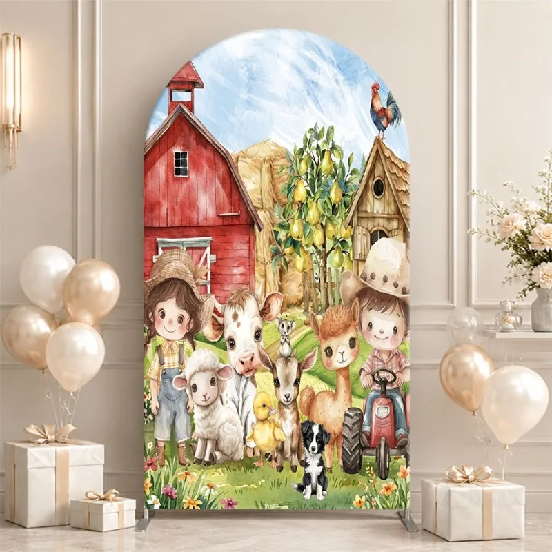 Single Side Arch Backdrop Cover Rustic Farm Scene Background for Party Decor featuring Red Barn Moonlight Landscape with Animals