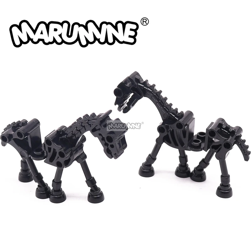 Marumine 2PCS Black Skeleton Horse MOC Knight Roman 59288 Mini Building Blocks Model DIY Saddle Bridle Toy Blocks For Children