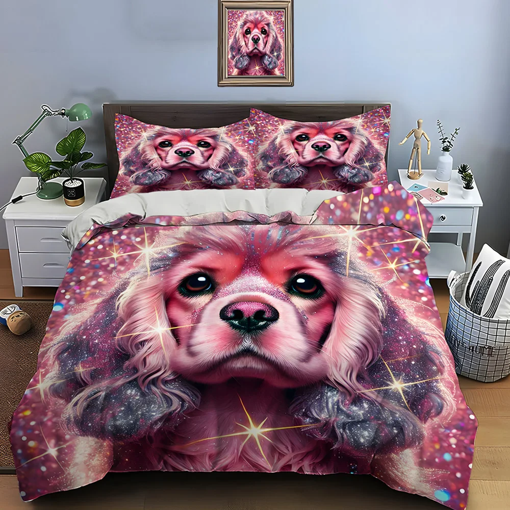 Sparkly Dog on Pink Background Pattern Duvet Cover Set Digital Print Polyester Bedding with Zipper Closur for kids gifts
