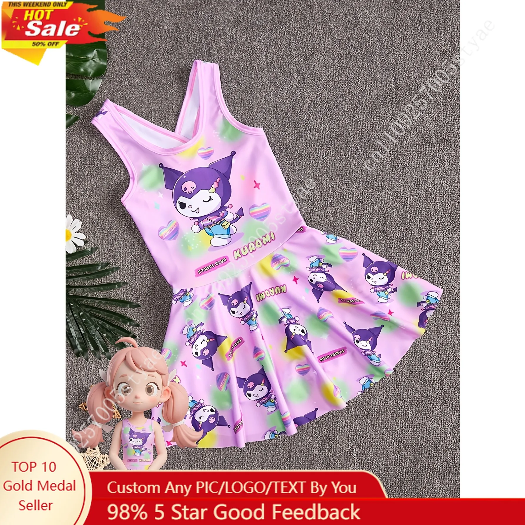 

Sanrio Kuromi Swimsuit for Girls New Summer Girls One Piece Cartoon Swimwear for Summer Beach Pool