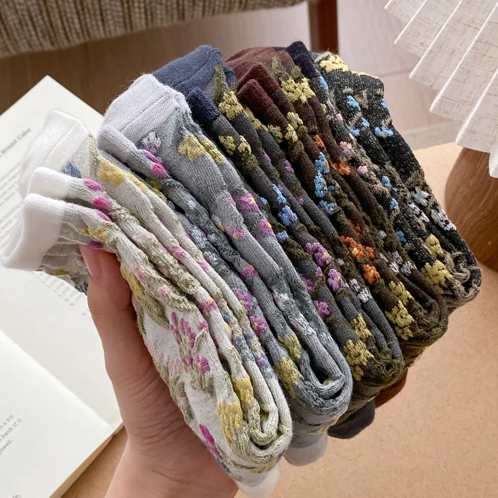Autumn and Winter New Women Socks Korean Embossment Flower Medium Tube Socks Japanese Harajuku Vintage Floral Cotton Long Socks